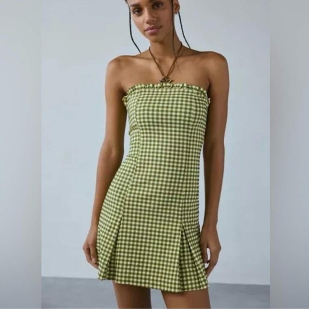 Urban Outfitters Margot Gingham Strapless Pleated Mini Dress Green Size XL